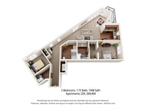 Floor plan for 2 beds, 2 baths, 1368 sqft
